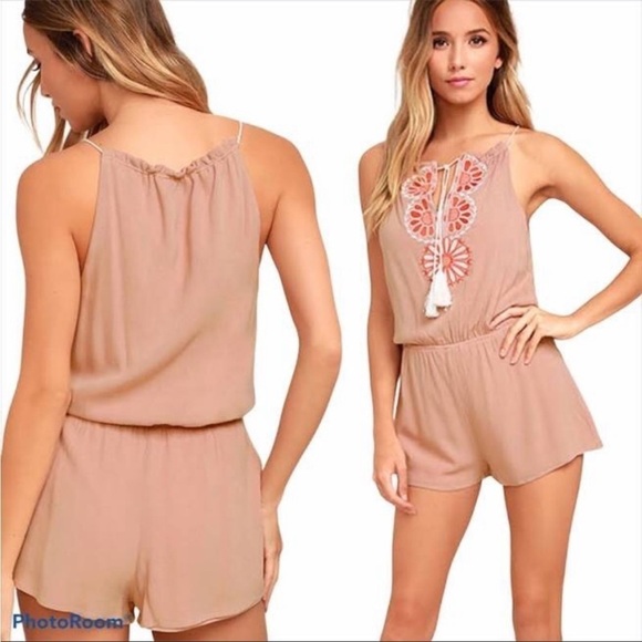 Lulus Barcelona Beauty Blush Pink Tan Embroidered Romper size S - Picture 3 of 17